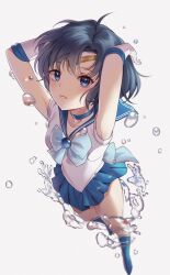  armband armpits bishoujo_senshi_sailor_moon black_hair blue_armband blue_eyes blue_footwear blue_gemstone blue_skirt collar ddungddang gem hands_up highres pleated_skirt sailor_mercury school_uniform serafuku short_hair skirt thighs tiara water 