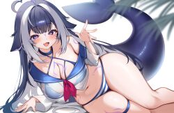  :d bikini black_hair blue_bikini breasts cetacean_tail collarbone female fins fish_tail horizontal-striped_bikini indie_virtual_youtuber kaptivate large_breasts long_hair looking_at_viewer multicolored_hair navel oerba_yun_fang open_mouth orca_girl purple_eyes shylily skin_fang smile solo striped_bikini striped_clothes swimsuit tail thigh_strap thighs two-tone_hair virtual_youtuber white_hair 