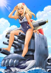  absurdres abyssal_ship blonde_hair blue_eyes blush breasts cannon crop_top dated day female flower hair_flower hair_ornament highres ho-class_light_cruiser kantai_collection lifebuoy long_hair looking_at_viewer machinery misogram ocean one-piece_swimsuit one-piece_tan open_mouth ro-500_(kancolle) sailor_collar school_swimsuit school_uniform serafuku signature smile swim_ring swimsuit swimsuit_under_clothes tan tanlines torpedo turret water 