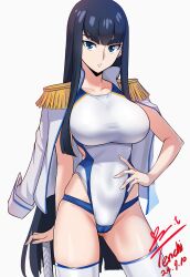  ass_visible_through_thighs black_hair blue_eyes breasts commentary_request competition_swimsuit cowboy_shot dated epaulettes female hand_on_hilt hand_on_own_hip highleg_one-piece_swimsuit highres jacket jacket_on_shoulders kill_la_kill kiryuuin_satsuki large_breasts long_hair looking_at_viewer one-piece_swimsuit parted_lips signature simple_background solo standing swimsuit teeth thick_eyebrows thighhighs very_long_hair white_background white_jacket white_one-piece_swimsuit white_thighhighs yoo_tenchi 