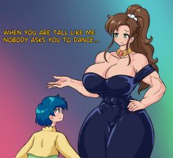  2girls abs alternate_height alternate_muscle_size alternate_size bare_shoulders bishoujo_senshi_sailor_moon black_dress blue_background blue_eyes blue_hair breasts brown_hair choker cleavage collarbone commentary covered_abs cropped_jacket curvy dress english_commentary english_text gradient_background green_background green_eyes hair_bobbles hair_ornament hand_on_own_hip hand_up height_difference impossible_clothes impossible_dress jacket kino_makoto large_breasts long_hair mizuno_ami multiple_girls muscular muscular_female off-shoulder_dress off_shoulder open_hand ponytail purple_background scene_reference sheepapp short_hair sidelocks size_difference smile standing talking thick_thighs thighs three-toned_background wide_hips yellow_jacket 