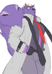  anthro bathym_(tas) belt canid canine canis clothing demon dress_shirt eyewear fur glasses gloves handwear horn khaki_pants leather leather_clothing leather_gloves leather_handwear lifewonders living_tail long_coat male mammal mennsuke muscular muscular_male necktie pecs purple_body purple_fur shirt solo tail tokyo_afterschool_summoners topwear unusual_anatomy unusual_tail wolf 