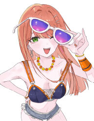  ;d bead_necklace beads bikini bikini_top_only bracelet breasts cross-laced_bikini cross-laced_clothes cutoffs denim denim_shorts female gakuen_idolmaster green_eyes hand_on_own_hip highres holding holding_removed_eyewear idolmaster jewelry layered_bikini looking_at_viewer mam0524 medium_breasts micro_shorts navel necklace one_eye_closed orange_hair orange_wristband shiun_sumika shorts simple_background smile solo swimsuit tinted_eyewear unworn_eyewear white_background 