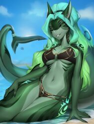  anthro aurora_(kamikazekit) beach bikini black_bikini black_clothing black_sclera black_swimwear blue_hair breasts clothing ear_piercing female fin fish gills green_body green_eyes green_hair hair hand_on_ground hand_on_leg hand_on_thigh hi_res looking_at_viewer marine markings midriff navel non-mammal_breasts piercing shark shermugi sitting sitting_in_water smile smirk solo summer swimwear thighs_up two-piece_swimsuit under_boob 