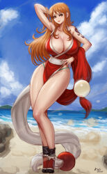  arm_behind_head arm_up artist_name bare_hips bare_legs bare_shoulders beach black_footwear blue_sky breasts cleavage closed_mouth cloud cloudy_sky commentary cosplay dated english_commentary female hand_on_own_hip highres japanese_clothes jika-tabi kimono kyopink large_breasts long_hair looking_at_viewer low_neckline nami_(one_piece) obi ocean one_piece pelvic_curtain posing red_footwear red_kimono revealing_clothes sash shiranui_mai shiranui_mai_(cosplay) sky sleeveless sleeveless_kimono smile socks solo tassel the_king_of_fighters thighs wet white_sash 