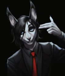  5_fingers anthro black_body black_clothing black_ears black_fur black_hair blazer blue_eyes claws clothed clothing coat eric_martins finger_gun finger_gun_to_head fingers flyfiehel fully_clothed fully_clothed_anthro fully_clothed_male fur gesture grey_body grey_fur hair hand_gesture hi_res long_hair male mammal necktie playful portrait red_necktie rodent sciurid shirt simple_background slim smile solo standing suit topwear tree_squirrel white_body white_fur 