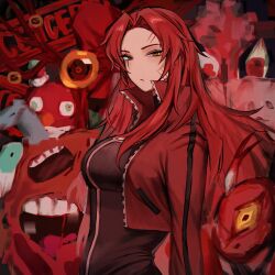  apocalypse_bird black_bodysuit blood bodysuit breasts cropped_jacket female gebura_(project_moon) heterochromia highres jacket large_breasts lobotomy_corporation long_hair looking_at_viewer monster na-gyou_(nunumaru) nothing_there parted_bangs project_moon punishing_bird red_hair red_jacket sandolph_(project_moon) solo spider_bud the_burrowing_heaven today&#039;s_shy_look upper_body very_long_hair 