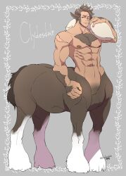  1boy animal_ears arm_hair bara brown_hair centaur chest_hair commentary_request full_body grey_background highres holding holding_sack horse_ears locksuke looking_at_viewer male_focus monster_boy muscular muscular_male nipples one_eye_closed original sack scar scar_across_eye scar_on_shoulder short_hair smile solo standing taur very_short_hair 