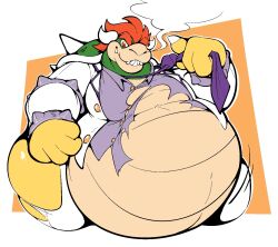  2020 4_fingers abstract_background anthro belly big_belly biped boot_(artist) bowser clothed clothing digital_media_(artwork) fingers hair hi_res horn koopa male mario_bros necktie nintendo overweight overweight_anthro overweight_male purple_necktie red_eyes red_hair reptile scalie shell simple_background smile solo spiked_shell spikes spikes_(anatomy) teeth thick_thighs torn_clothing wide_hips 