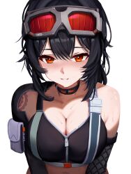  absurdres black_choker black_hair black_sports_bra blush breasts choker cleavage collarbone commentary english_commentary female goggles goggles_on_head grace_howard hair_between_eyes highres large_breasts looking_at_viewer medium_hair midriff navel orange_eyes parted_lips shoulder_tattoo simple_background single_bare_shoulder smile solo sports_bra sweat tattoo teeth upper_body white_background yan_kodiac zenless_zone_zero zipper 