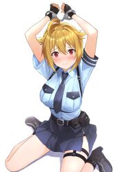  absurdres ahoge arms_up b1ack_illust belt black_belt black_footwear black_gloves blonde_hair blue_necktie blue_shirt blue_skirt blush boots breast_pocket breasts chest_harness closed_mouth commentary cuffs eyelashes female fingerless_gloves gloves hair_between_eyes hair_flaps handcuffs harness highres ibuki_tsubasa idolmaster idolmaster_million_live! large_breasts legs looking_at_viewer necktie pleated_skirt pocket police police_uniform policewoman red_eyes restrained shirt short_hair short_sleeves sidelocks sitting skirt solo thigh_strap thighs uniform wariza wavy_mouth white_background zipper zipper_pull_tab 