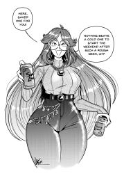  alpha00zero alternate_costume belt breasts can earrings female greyscale highres holding holding_can hoop_earrings jewelry kid_icarus kid_icarus_uprising long_hair long_sleeves looking_at_viewer monochrome open_mouth palutena round_eyewear signature smile solo sweater thick_thighs thighs turtleneck turtleneck_sweater 