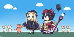  2girls :d abigail_williams_(fate) bare_shoulders bow breasts calligraphy_brush chibi cleavage commentary_request fate/grand_order fate_(series) hair_ornament hairbow hamu_koutarou hat highres holding holding_hands japanese_clothes katsushika_hokusai_(fate) long_hair manga_nippon_mukashi_banashi medium_breasts multiple_girls ningen_tte_iina octopus open_mouth paintbrush ribbed_sweater short_hair smile stuffed_animal stuffed_toy sweater teddy_bear tokitarou_(fate) walking 