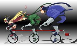  2boys ahoge beard bicycle blonde_hair boyakki brown_hair cape commentary_request doronjo elephantus facial_hair female kugi_(kugi-xiv) leopard_(yatterman) leotard linked_unicycles long_hair mask multiple_boys multiple_riders oda-sama_(yatterman) pig riding tandem_bicycle time_bokan_(series) tonzura visor voltkatze yatterman yoru_no_yatterman 