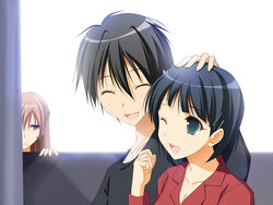  1boy 2girls ;d ^_^ asuna_(sao) black_hair brown_eyes brown_hair closed_eyes commentary_request green_eyes hair_ornament hairclip headpat jealous kirigaya_suguha kirito long_hair multiple_girls one_eye_closed open_mouth pajamas peeking_out photoshop_(medium) short_hair smile sword_art_online takepon 