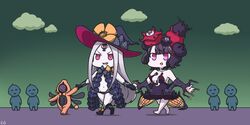  2girls :d abigail_williams_(fate) abigail_williams_(third_ascension)_(fate) bikini bikini_bottom_only black_bikini breasts chibi cleavage commentary_request dark_persona detached_sleeves fate/grand_order fate_(series) grey_hair grin hamu_koutarou hat highres holding_hands katsushika_hokusai_(fate) katsushika_hokusai_(third_ascension)_(fate) keyhole manga_nippon_mukashi_banashi medium_breasts multiple_girls navel ningen_tte_iina open_mouth purple_eyes r&#039;lyehian_commentary sharp_teeth smile swimsuit teeth third_eye v-shaped_eyebrows walking witch_hat 