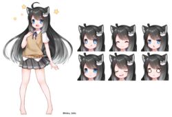  2018 accessory ahoge animal_humanoid barefoot black_hair blue_eyes bottomwear canid canid_humanoid canine canine_humanoid clothed clothing dog_humanoid expression_sheet feet female grey_hair hair hair_accessory hakuari hi_res humanoid licking licking_lips licking_own_lips long_hair mammal mammal_humanoid multicolored_hair self_lick shirt simple_background skirt solo star tongue tongue_out topwear vest white_background x_mouth young 