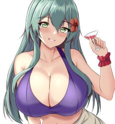  alternate_breast_size bikini breasts cleavage female flower green_eyes green_hair hair_between_eyes hair_flower hair_ornament highres huge_breasts kantai_collection long_hair looking_at_viewer montemasa navel official_alternate_costume purple_bikini red_flower smile solo suzuya_(kancolle) suzuya_kai_ni_(kancolle) swimsuit upper_body very_long_hair 