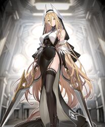  absurdly_long_hair artist_request bare_shoulders belt black_belt black_bridal_gauntlets black_dress black_garter_straps black_thighhighs blonde_hair blush body_blush breasts bridal_gauntlets cathedral chains collar covered_groin cross dress dual_wielding evertale female garter_straps groin habit hair_between_eyes halo halo_behind_head head_wings holding holding_sword holding_weapon indoors jewelry large_breasts lens_flare long_hair looking_at_viewer nun official_art pillar rapunzel_(evertale) shiny_skin side_slit sleeveless sleeveless_dress solo standing sunburst sword thighhighs very_long_hair weapon wings yellow_eyes 