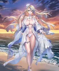  bare_shoulders beach between_breasts bikini blonde_hair blue_eyes blue_hair blue_sky bracelet braid breasts cloud cloudy_sky collarbone commentary_request cuboon evening evertale female flower footprints gradient_sky groin hair_flower hair_ornament holding horizon jewelry king_arthur_(evertale) large_breasts light_particles linea_alba logo long_hair long_sleeves looking_at_viewer multicolored_hair navel o-ring o-ring_swimsuit ocean official_alternate_costume official_art orange_sky outdoors parted_lips pearl_bracelet sand sandals scrunchie see-through shiny_skin shore skindentation sky solo sparkle stomach sunset swimsuit thigh_gap thigh_strap two-tone_hair water waves white_flower white_footwear white_scrunchie wrist_scrunchie yellow_sky 