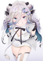  absurdres ahoge animal_ear_fluff animal_ears arm_strap atpoppet black_bow black_bowtie black_ribbon blue_cape blue_eyes blue_flower blue_hair blush bow bowtie breasts cape cleavage collar colored_tips corset detached_sleeves dress earclip female flower fur_trim gradient_hair grey_eyes grey_hair grin hair_between_eyes hair_flip hair_flower hair_ornament highres hololive large_breasts leaning_forward leggings lion_ears lion_girl lion_tail long_hair looking_at_viewer multicolored_hair official_alternate_costume ribbed_dress ribbon see-through see-through_veil shishiro_botan shishiro_botan_(5th_costume) simple_background smile solo starry_sky_print tail tail_bow tail_ornament veil very_long_hair virtual_youtuber white_background white_cape white_collar white_corset white_dress white_leggings white_sleeves zettai_ryouiki 