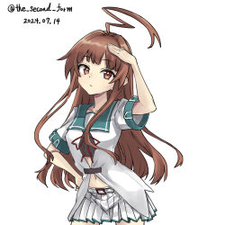  ahoge belt brown_eyes brown_hair cowboy_shot dated female green_sailor_collar huge_ahoge kantai_collection kuma_(kancolle) kuma_kai_ni_(kancolle) long_hair looking_at_viewer navel pleated_skirt sailor_collar salute shirt simple_background skirt solo standing the_second_form twitter_username white_background white_shirt white_skirt 