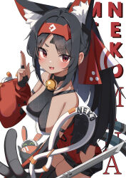  :d absurdres animal_ear_fluff animal_ears bangboo_(zenless_zone_zero) black_hair breasts cat_ears cat_tail character_name commentary dark-skinned_female dark_skin eous_(zenless_zone_zero) female fingernails highres index_finger_raised long_hair looking_at_viewer medium_breasts multiple_tails nail_polish nekomiya_mana open_mouth ponytail red_eyes red_nails simple_background smile solo symbol-only_commentary tail w.k white_background zenless_zone_zero 