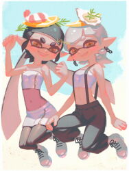  2girls ankle_boots arm_up artist_name bare_shoulders bellhenge black_hair black_pants black_pantyhose blue_skirt blue_tube_top blunt_bangs boots breasts callie_(splatoon) chain_earrings chains clenched_hands cross-shaped_pupils english_commentary food food_on_head fruit full_body grey_footwear grey_hair grin groin hand_on_own_knee hand_up holographic_clothing inkling lemon lemon_slice long_hair looking_at_viewer marie_(splatoon) medium_hair midriff miniskirt mole mole_under_eye multiple_girls navel object_on_head official_alternate_costume official_alternate_hairstyle oyster pants pantyhose pencil_skirt pointy_ears short_eyebrows shrimp sidelocks skirt small_breasts smile splatoon_(series) splatoon_3 strapless suspenders symbol-shaped_pupils tentacle_hair thick_eyebrows tube_top twintails v-shaped_eyebrows yellow_eyes zipper_skirt 