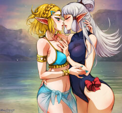  ass blonde_hair blue_sarong braid breasts closed_eyes crown_braid female green_eyes hair_ornament highres imminent_kiss jewelry long_hair mina_cream open_mouth paya_(zelda) pointy_ears princess_zelda sarong short_hair small_breasts solo the_legend_of_zelda the_legend_of_zelda:_tears_of_the_kingdom thighs yuri 