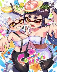  2girls ankle_boots artist_name bare_shoulders black_hair black_pants black_pantyhose blue_footwear blue_hair blue_tube_top blunt_bangs blush boots breasts callie_(splatoon) chain_earrings chains cleavage cowboy_shot fangs food food_on_head fruit gradient_hair grey_hair grin high_heel_boots high_heels highres holding_hands holographic_clothing inkling large_breasts lemon lemon_slice looking_at_viewer marie_(splatoon) medium_hair midriff miniskirt mole mole_under_eye multicolored_hair multiple_girls navel object_on_head official_alternate_costume official_alternate_hairstyle one_eye_closed open_mouth outline outstretched_arm oyster pants pantyhose pencil_skirt pointy_ears shina_shina short_eyebrows shrimp sidelocks skirt smile sparkle splatoon_(series) splatoon_3 standing standing_on_one_leg star-shaped_pupils star_(symbol) strapless suspenders sweat symbol-shaped_pupils tentacle_hair thick_eyebrows tube_top two-tone_hair water_drop white_outline yellow_eyes zipper_skirt 