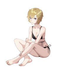  absurdres alternate_costume arai_motoha barefoot bikini black_bikini blonde_hair blue_eyes breasts cleavage closed_mouth commentary_request ego1st97 female full_body head_tilt highres korean_commentary looking_at_viewer navel persona persona_5 persona_5:_the_phantom_x short_hair simple_background sitting small_breasts smile solo stomach swimsuit toenails toes white_background 