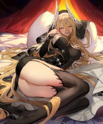  absurdly_long_hair ass bare_shoulders bed bed_sheet bedroom belt black_belt black_bridal_gauntlets black_garter_straps black_thighhighs blonde_hair blush breast_suppress breasts bridal_gauntlets come_hither cross curtains dress evertale female garter_straps hair_between_eyes hand_on_own_chest hands_on_own_chest indoors jewelry large_breasts light_particles long_hair looking_at_viewer lying naughty_face nun on_bed on_side pillow rapunzel_(evertale) red_curtains seductive_smile shiny_skin sleeveless sleeveless_dress smile solo thighhighs very_long_hair yellow_eyes 