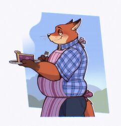  2024 anthro apron biped canid canine clothed clothing cutlery disney eating food fork fox fur gideon_grey half-closed_eyes holding_food holding_object kitchen_utensils love_handles male mammal narrowed_eyes nick_wilde orange_body orange_fur outside overweight overweight_anthro overweight_male pastry pattern_clothing pie plaid plaid_clothing smile solo soulfullhyena standing tools zootopia 