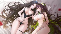  2girls bikini black_hair black_nails bracelet breasts curvy dora_(garyeong) eyewear_on_head flower goddess_of_victory:_nikke green_hair guilty_(nikke) guilty_(wave_of_disbelief)_(nikke) hair_flower hair_ornament highres jewelry large_breasts long_hair lying maiden_(nikke) maiden_(under_the_sun)_(nikke) multicolored_hair multiple_girls navel purple_eyes red_eyes red_flower red_rose rose sunglasses swimsuit thigh_strap thighs two-tone_hair white_bikini 