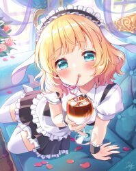  :o apron aqua_eyes black_skirt blonde_hair blush commentary couch crazy_straw cup curtains dot_nose drink drinking_straw female fleur_de_lapin_uniform frilled_apron frilled_hairband frilled_skirt frills full_body gochuumon_wa_usagi_desu_ka? hairband highres holding holding_cup indoors kirima_syaro looking_at_viewer mozukun43 no_shoes on_couch open_mouth petals puffy_short_sleeves puffy_sleeves rose_petals short_hair short_sleeves signature skirt solo thighhighs waist_cape white_apron white_thighhighs window wrist_cuffs 