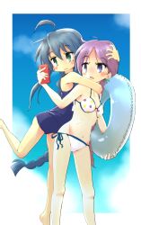  2girls :3 ahoge arm_around_neck bikini blue_eyes blue_hair bra braid breasts cellphone cloud cloudy_sky green_eyes highres hiiragi_kagami hug izumi_konata leg_up long_hair lucky_star multiple_girls nirata_masoba phone purple_hair school_swimsuit selfie single_braid sky small_breasts smartphone star_(symbol) star_print swim_ring swimsuit underwear white_bikini white_bra 