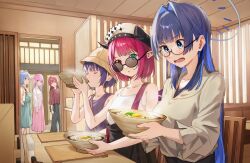  6+girls bare_shoulders black_hair blue_eyes blue_hair bowl breasts camisole closed_eyes collarbone demon_girl eating grey_shirt halo hat holding holding_bowl hololive hololive_english horns houshou_marine irys_(hololive) large_breasts medium_hair minato_aqua multicolored_hair multiple_girls ninomae_ina&#039;nis on_chair open_door ouro_kronii pension_z pointy_ears purple_eyes purple_hair red_hair semi-rimless_eyewear shirt short_hair sitting small_breasts sunglasses two-tone_hair under-rim_eyewear usada_pekora white_camisole white_hat 