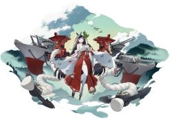  azur_lane bare_shoulders black_hair breasts daisen_(azur_lane) female full_body grey_eyes highres holding izuru_(timbermetal) japanese_clothes large_breasts long_hair long_skirt machinery miko nontraditional_miko official_art red_skirt sandals skirt sleeveless solo thighs turret wide_sleeves 