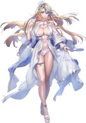  bare_shoulders beach between_breasts bikini blonde_hair blue_eyes blue_hair bracelet braid breasts choker collarbone commentary_request cuboon evertale female flower full_body groin hair_between_eyes hair_flower hair_ornament highres holding jewelry king_arthur_(evertale) large_breasts legs long_hair long_sleeves looking_at_viewer multicolored_hair navel o-ring o-ring_swimsuit ocean official_art outdoors parted_lips pearl_bracelet robe sandals see-through shiny_skin skindentation solo standing stomach swimsuit thigh_gap thigh_strap thighs toeless_footwear toes white_bikini white_choker white_flower white_robe 