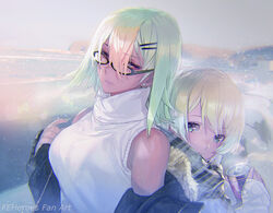  2girls back-to-back bare_shoulders blonde_hair blue_eyes breasts dark-skinned_female dark_skin drink earrings fire_emblem fire_emblem_heroes fjorm_(fire_emblem) fur_trim glasses green_hair hair_ornament hairpin jacket jewelry laegjarn_(fire_emblem) leather leather_jacket maeshima_shigeki medium_hair multiple_girls nail_polish orange_hair plaid plaid_scarf red_eyes scarf short_hair sleeveless sleeveless_turtleneck steam sweater turtleneck turtleneck_sweater white_sweater 