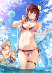  3girls ;) ahoge alt_(ctrldel) atelier_(series) atelier_lydie_&amp;_suelle atelier_sophie bikini blue_sky breasts brown_eyes closed_mouth cloud day flower hair_flower hair_ornament halterneck highres holding holding_water_gun long_hair lydie_marlen medium_breasts multiple_girls ocean one_eye_closed outdoors partially_underwater_shot pink_eyes pink_hair red_hair short_hair side-tie_bikini_bottom sky smile sophie_neuenmuller string_bikini suelle_marlen summer swimsuit wading water water_gun white_bikini 