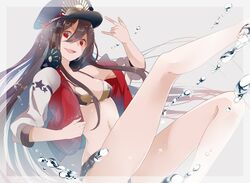  \n/ bati15 bikini black_bikini breasts brown_hair commentary_request fate/grand_order fate_(series) feet_out_of_frame female hair_between_eyes hand_up hat headphones headphones_around_neck jacket leg_up long_hair medium_breasts navel oda_nobunaga_(fate) oda_nobunaga_(swimsuit_berserker)_(fate) oda_nobunaga_(swimsuit_berserker)_(first_ascension)_(fate) oda_nobunaga_(swimsuit_berserker)_(second_ascension)_(fate) open_clothes open_jacket open_mouth peaked_cap red_eyes red_jacket smile solo swimsuit very_long_hair water 