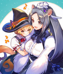  2girls :d alternate_costume animal_ears anteater_ears anteater_tail arm_hug black_dress black_headwear black_neckwear blonde_hair blush bow bowtie center_frills commentary dress flying_sweatdrops frills giant_anteater_(kemono_friends) grey_hair halloween_costume hasumikaoru hat height_difference japari_symbol kemono_friends kemono_friends_3 long_hair multiple_girls open_mouth puffy_short_sleeves puffy_sleeves red_bow red_bowtie shirt short_hair short_sleeves silky_anteater_(kemono_friends) smile suspenders tail white_shirt witch witch_hat 