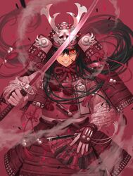  ambiguous_gender armor baggy_clothes beads black_hair blood blood_on_face blood_splatter chin_strap chinese_knot commentary_request debris dou dragon_print dual_wielding folding_fan glint gloves gradient_hair grin habaki hair_between_eyes hand_fan helmet highres holding holding_fan holding_sword holding_weapon japanese_armor kabuto_(helmet) katana kikumon kojitsunagi_(pattern) koshirae kusazuri long_hair long_sleeves looking_at_viewer minami_(minami373916) multicolored_hair one_eye_covered original puffy_long_sleeves puffy_sleeves red_background red_eyes red_theme rope samurai sash scabbard sheath short_sword shoulder_armor smile sode solo sword tantou tassel tessen tsuba_(guard) tsuka-ito two-tone_hair upper_body very_long_hair war_fan weapon 