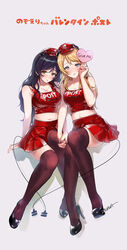  2girls arm_at_side arm_support ayase_eli bad_id bad_pixiv_id bare_arms bare_shoulders black_footwear blonde_hair blue_eyes blush breasts brown_legwear cable cleavage clothes_writing english_text full_body green_eyes hair_between_eyes hair_down hand_up heart high_heels holding holding_hands horns invisible_chair large_breasts lipstick long_hair love_live! love_live!_school_idol_project makeup midriff miniskirt multiple_girls nail_polish navel pleated_skirt purple_hair red_headwear red_lips red_nails red_skirt shadow side-by-side signature simple_background sitting skirt skirt_set sleeveless thighhighs tojo_nozomi wavy_hair yuri zawawa_(satoukibi1108) 