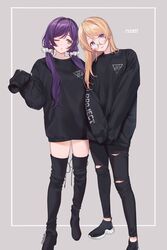  2girls ;o ayase_eli bad_id bad_pixiv_id bespectacled black_footwear black_pants black_shirt black_sweater black_thighhighs blonde_hair blue_eyes boots breasts eyelashes feet_out_of_frame glasses green_eyes hair_down hair_ornament hair_over_shoulder hair_scrunchie head_tilt highres light_smile long_hair long_sleeves looking_at_viewer loose_hair_strand love_live! love_live!_school_idol_project low_twintails multiple_girls no_pants one_eye_closed outside_border pants print_shirt purple_hair round_eyewear scrunchie shirt shoes side-by-side sideways_glance sleeves_past_fingers sleeves_past_wrists socks standing sweater swept_bangs tareme thigh_boots thighhighs tojo_nozomi torn_clothes torn_pants twintails v_arms w_arms white_scrunchie zawawa_(satoukibi1108) 