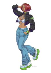  black_jacket blue_eyes bra bracelet breasts choker dark-skinned_female dark_skin denim enydimon female full_body giovanna_(guilty_gear) green_bracelet green_choker guilty_gear guilty_gear_strive hand_in_pocket hand_on_own_head highres jacket jeans jewelry looking_at_viewer pants red_hair short_hair underwear white_bra white_sneakers 