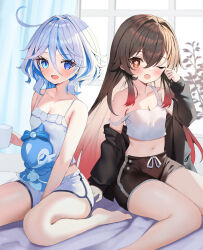  2girls bare_shoulders black_shorts blue_eyes blue_hair blush breasts brown_hair camisole fish furina_(genshin_impact) genshin_impact highres hu_tao_(genshin_impact) light_blue_hair long_hair looking_at_viewer multicolored_hair multiple_girls one_eye_closed open_mouth red_eyes seahorse short_hair short_shorts shorts sitting small_breasts smile streaked_hair surintendante_chevalmarin symbol-shaped_pupils thighs tsukise_miwa white_camisole white_hair white_shorts 