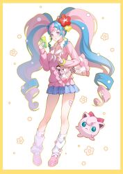  blue_eyes blue_hair cellphone choker clefairy commentary_request drill_hair drill_sidelocks earrings fairy_miku_(project_voltage) female flower full_body hair_flower hair_ornament hand_up hatsune_miku heart heart_choker highres holding holding_phone jewelry jigglypuff leg_warmers long_hair long_sleeves looking_at_viewer multicolored_hair neckerchief parted_lips phone pink_bag pink_footwear pink_hair pink_shirt pink_skirt pleated_skirt poke_ball pokemon pokemon_(creature) pokewalker project_voltage ring scrunchie shirt sidelocks skirt smartphone sticker_on_leg twin_drills two-tone_hair utaki_(z711425986) very_long_hair vocaloid white_leg_warmers white_neckerchief wrist_scrunchie 