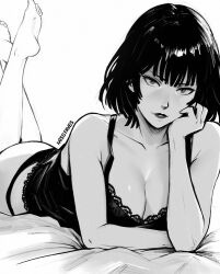  ass bare_legs barefoot breasts camisole cleavage crossed_ankles feet_up female fubuki_(one-punch_man) greyscale head_rest head_tilt lace_trim large_breasts lipstick looking_at_viewer lying makeup miss_faves monochrome on_stomach one-punch_man panties short_hair soles solo the_pose underwear 